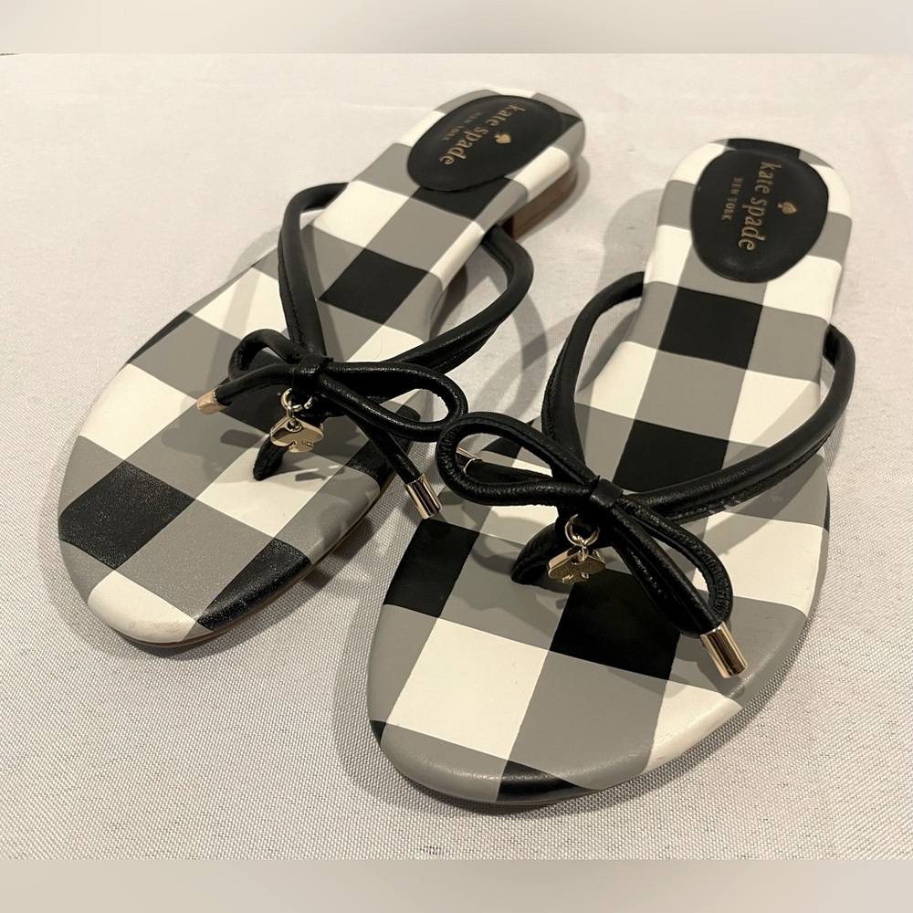 KATE SPADE Mystic Bow Black White Gingham Plaid Leather Thong Sandal Womens 6.5
